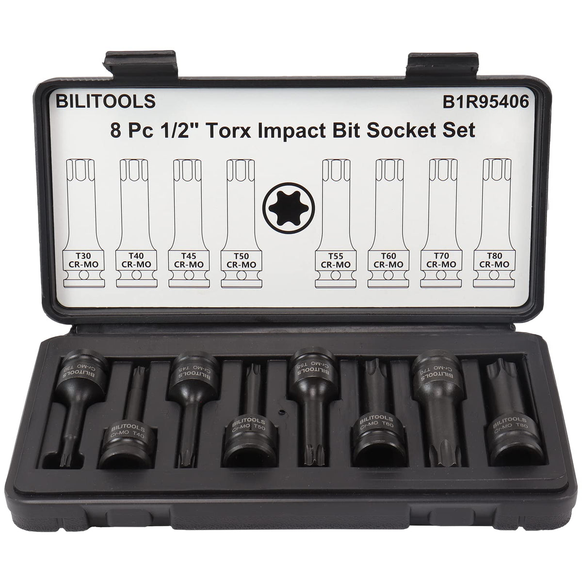 BILITOOLS 8-piece impact Torx bit set for 1/2-inch drive, ideal for heavy-duty fastenings.