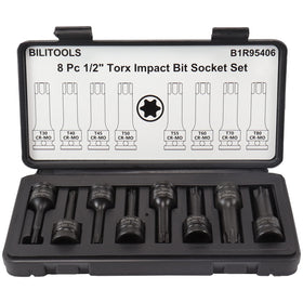 BILITOOLS 8-piece impact Torx bit set for 1/2-inch drive, ideal for heavy-duty fastenings.