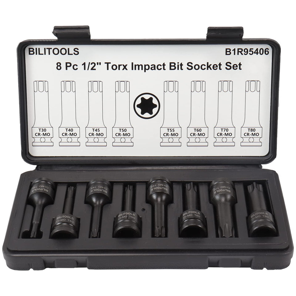 BILITOOLS 8-piece impact Torx bit set for 1/2-inch drive, ideal for heavy-duty fastenings.
