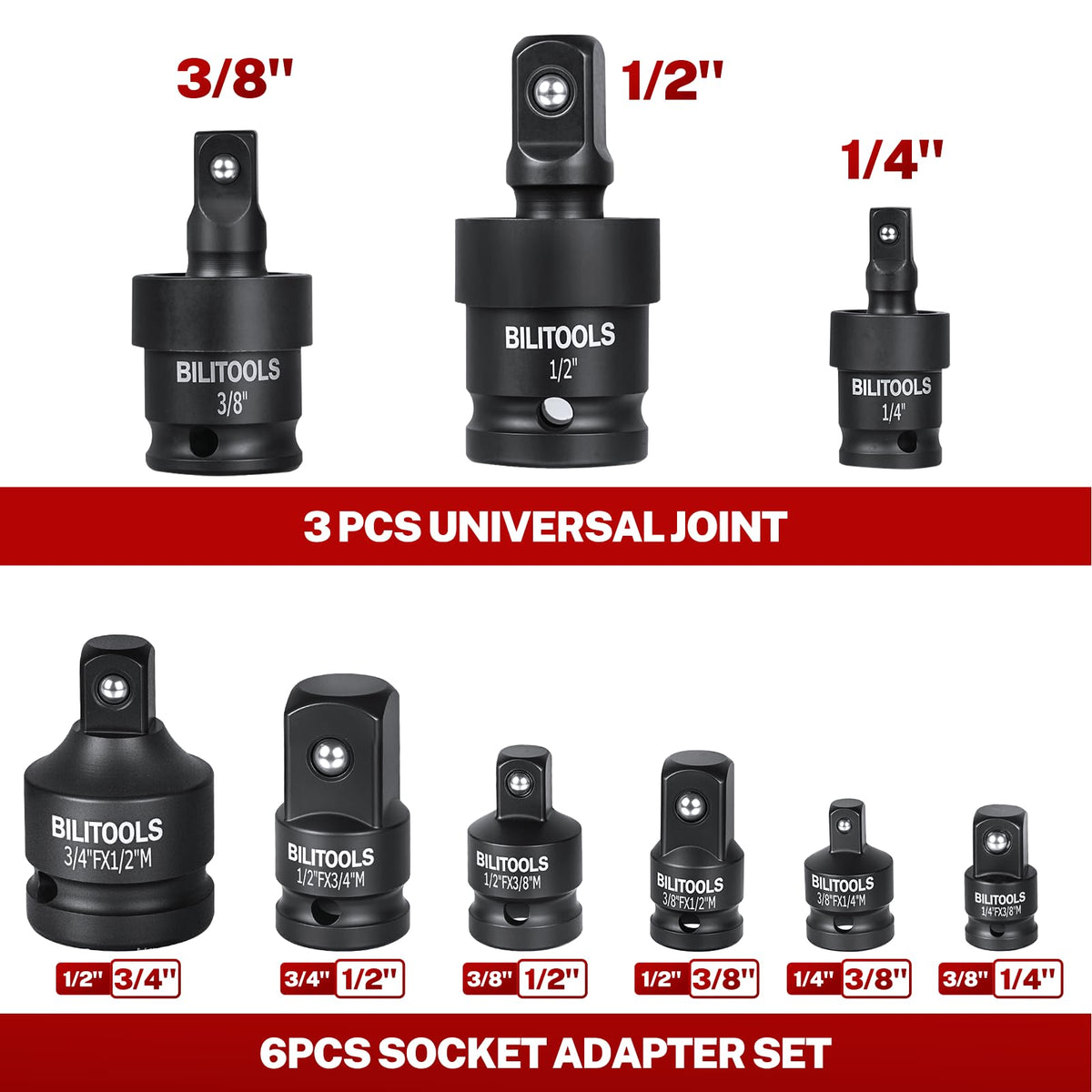 BILITOOLS socket adapters with multiple ends connect different drive sizes.