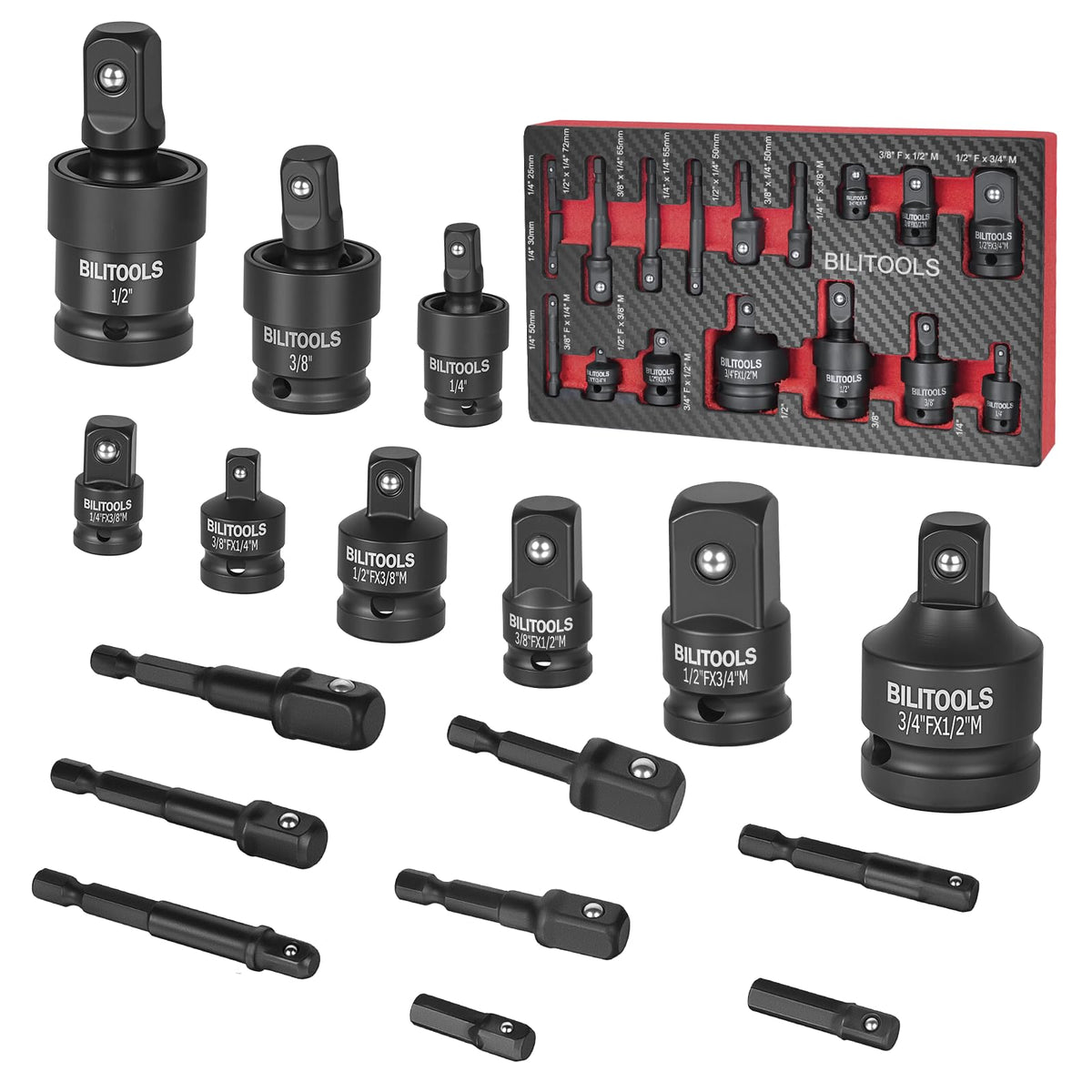 BILITOOLS socket adapter set laid out for quick size selection.