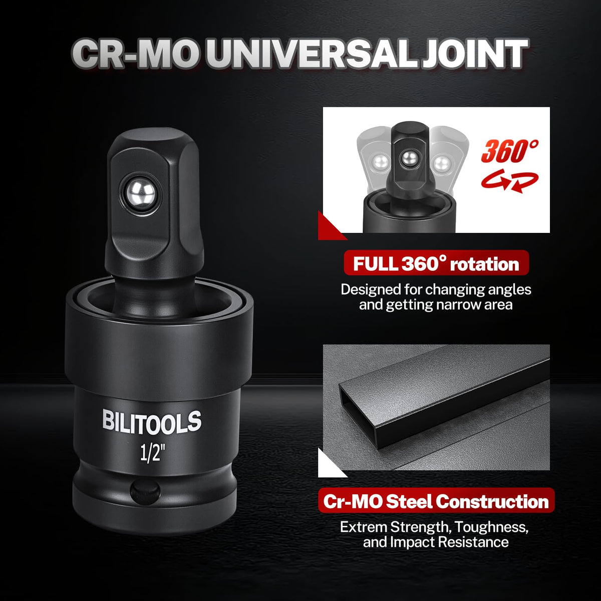 BILITOOLS universal joint socket enables angle access in cramped areas.