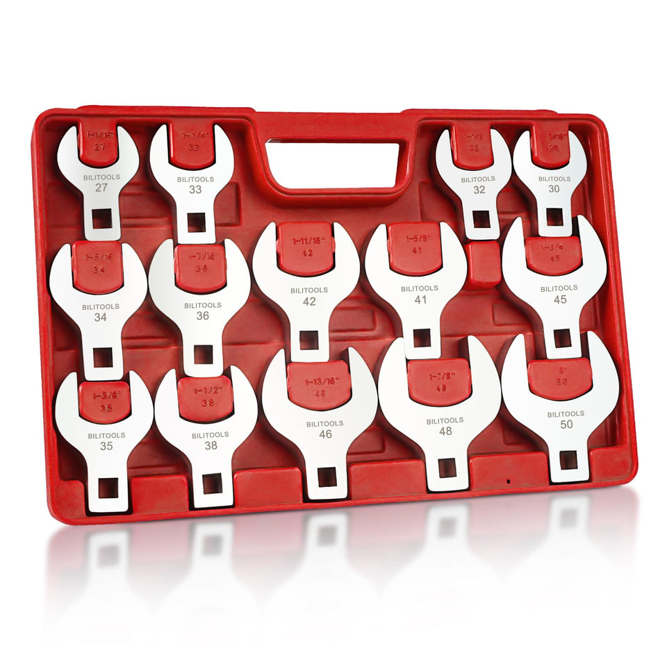 BILITOOLS 14-piece jumbo crowfoot wrench set, 27–50 mm, built for hard-to-reach fasteners.