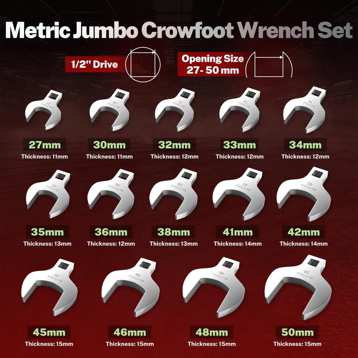 BILITOOLS crowfoot wrenches reaching tight spaces in mechanical setups.