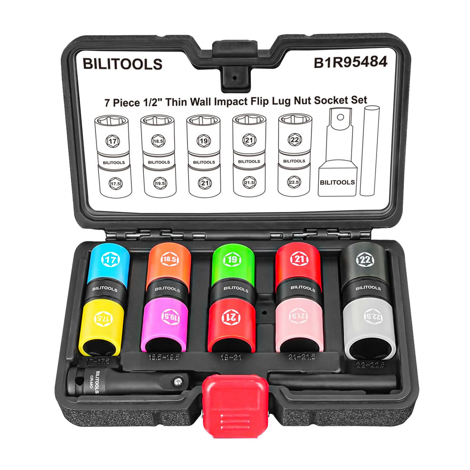 BILITOOLS half-size lug nut socket set in a compact design for tight spaces.