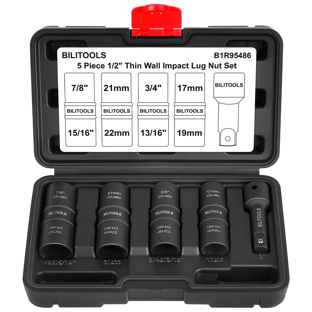 BILITOOLS lug nut sockets, 1/2-in drive, flip design for fast size changes