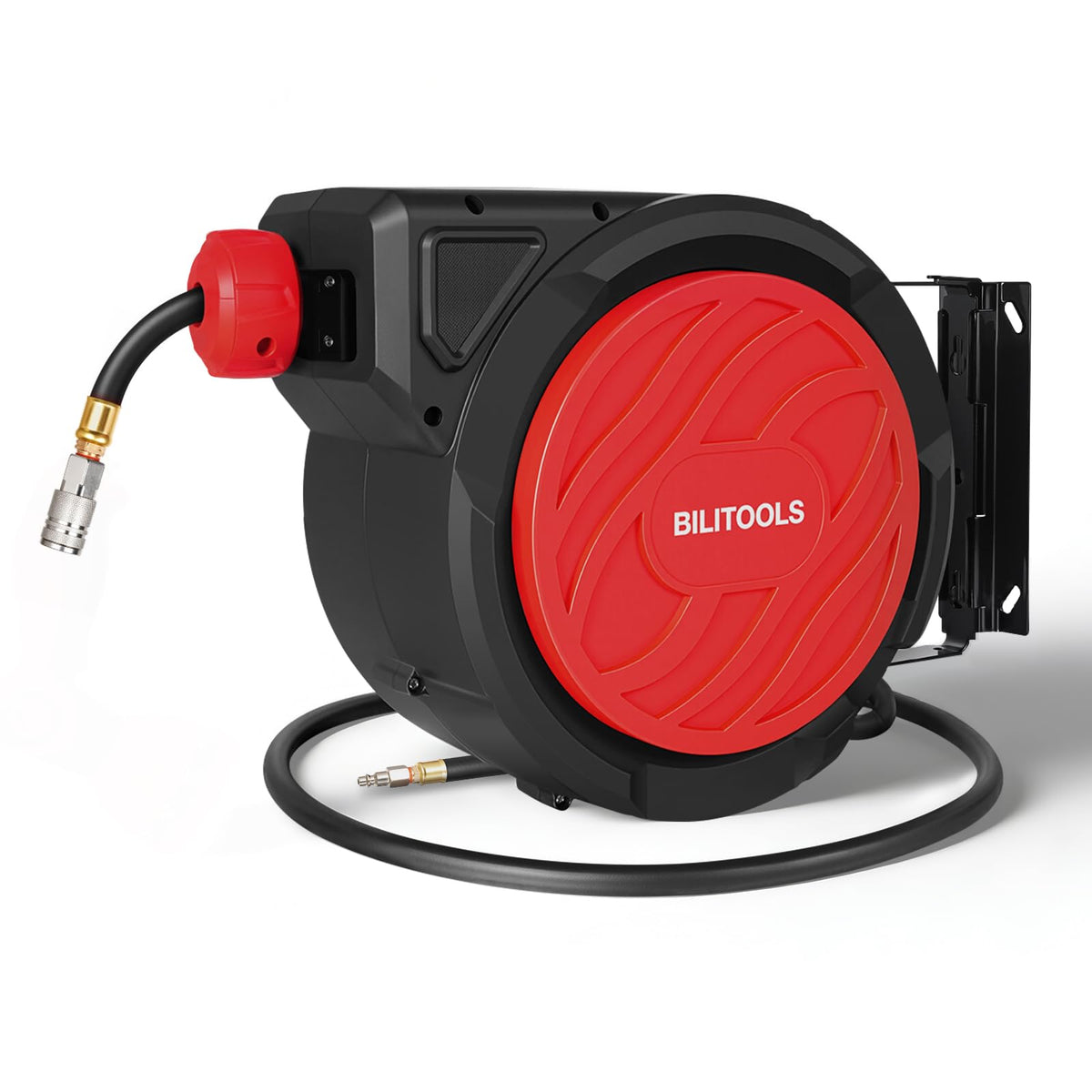 Bilitoools retractable air hose reel in a closed case for neat storage and safe workspace.