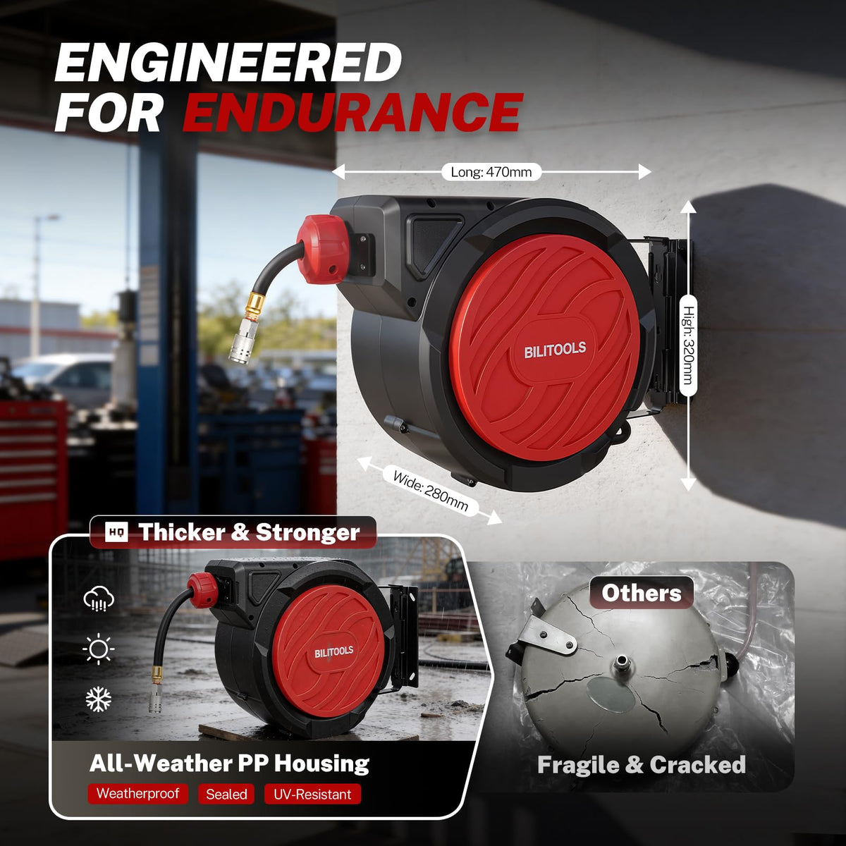 Bilitoools weather-resistant PP housing shown in challenging conditions.