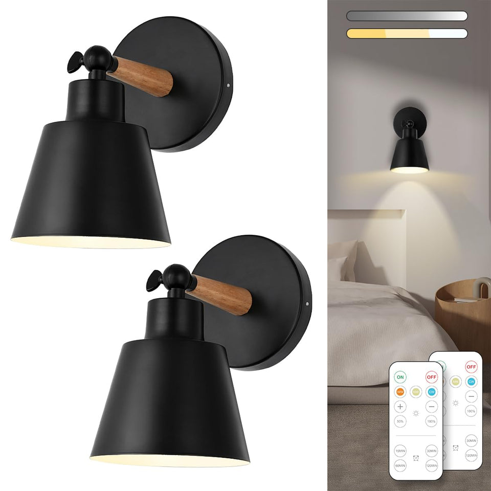 BIMEAN black battery wall sconce set two with remote for wireless lighting.