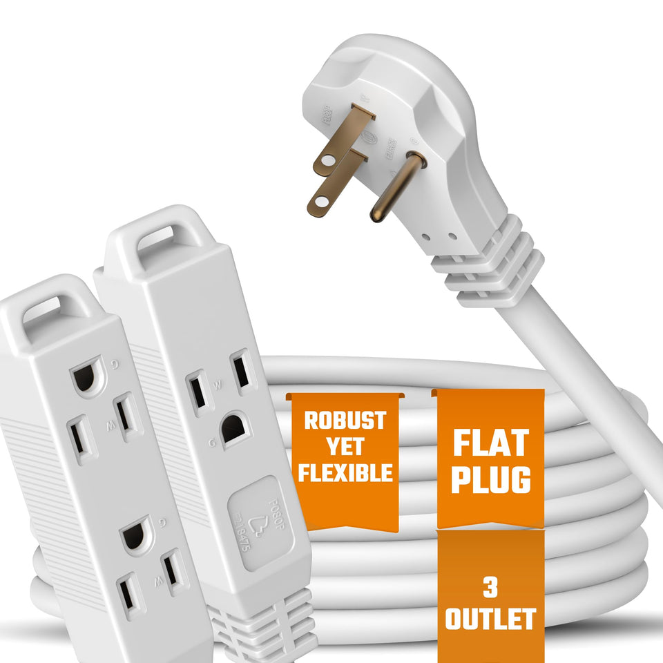 BindMaster flat-angled extension cord 30ft for indoor use powers three devices and saves space