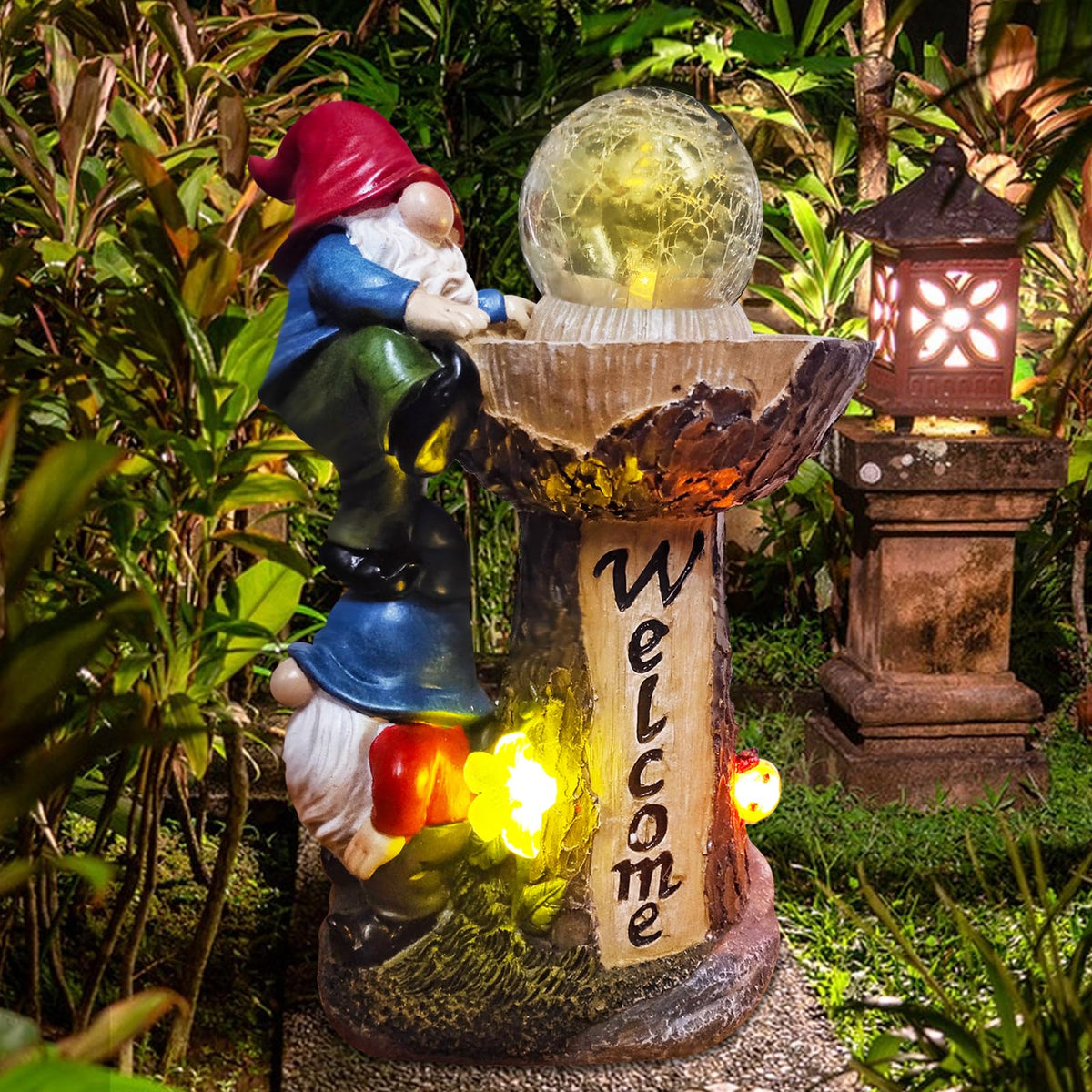 Binqiuu Garden Gnomes outdoor statue: double gnomes climbing a fountain add whimsy to your yard.