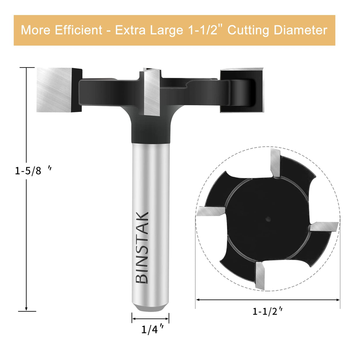 Binstak carbide-tipped edge delivers clean cuts on wood and composites.