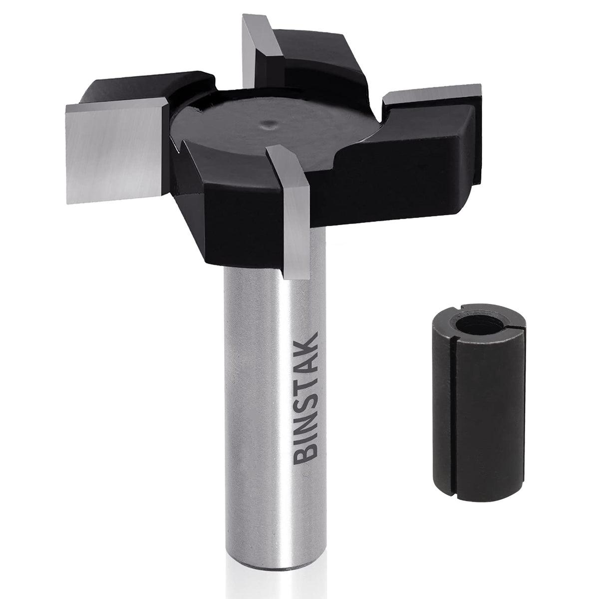 Binstak spoilboard surfacing bit with four wings for clean, fast cuts on a CNC