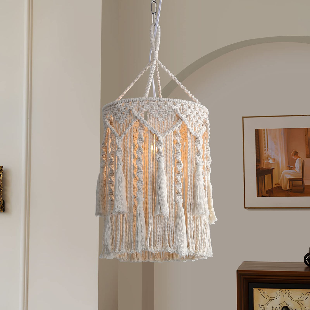 Bioaqua Boho lamp shade full view highlights hanging macrame design in living space.