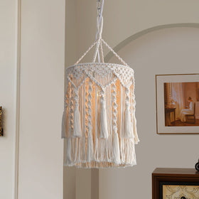 Bioaqua Boho lamp shade full view highlights hanging macrame design in living space.