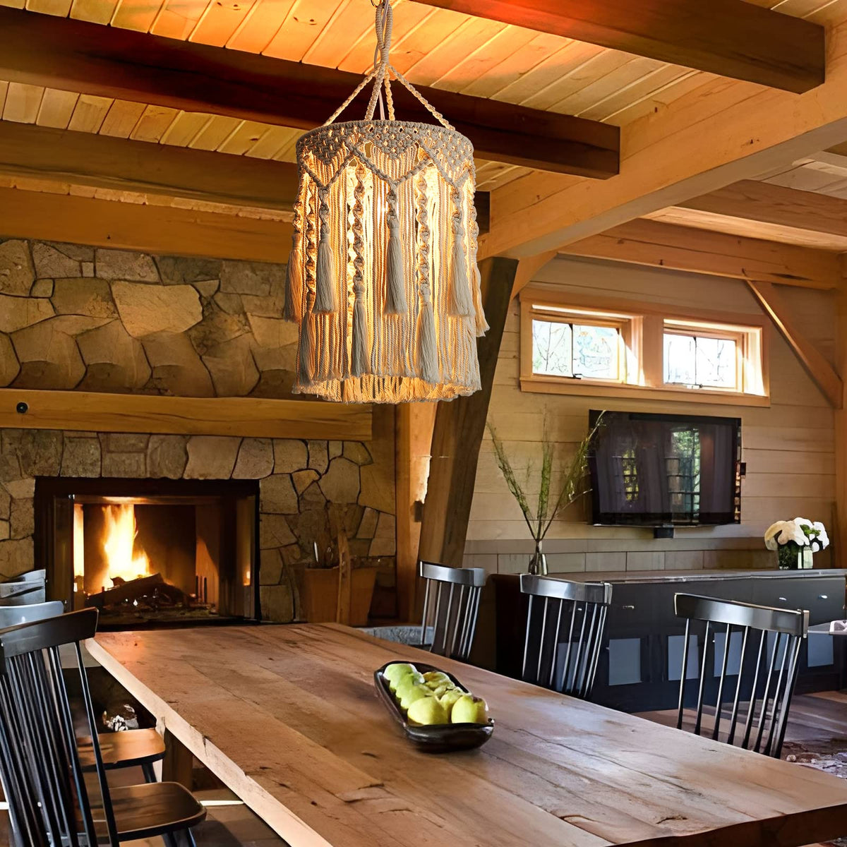 Bioaqua Boho lamp shade casts soft wall shadows for warm accents.
