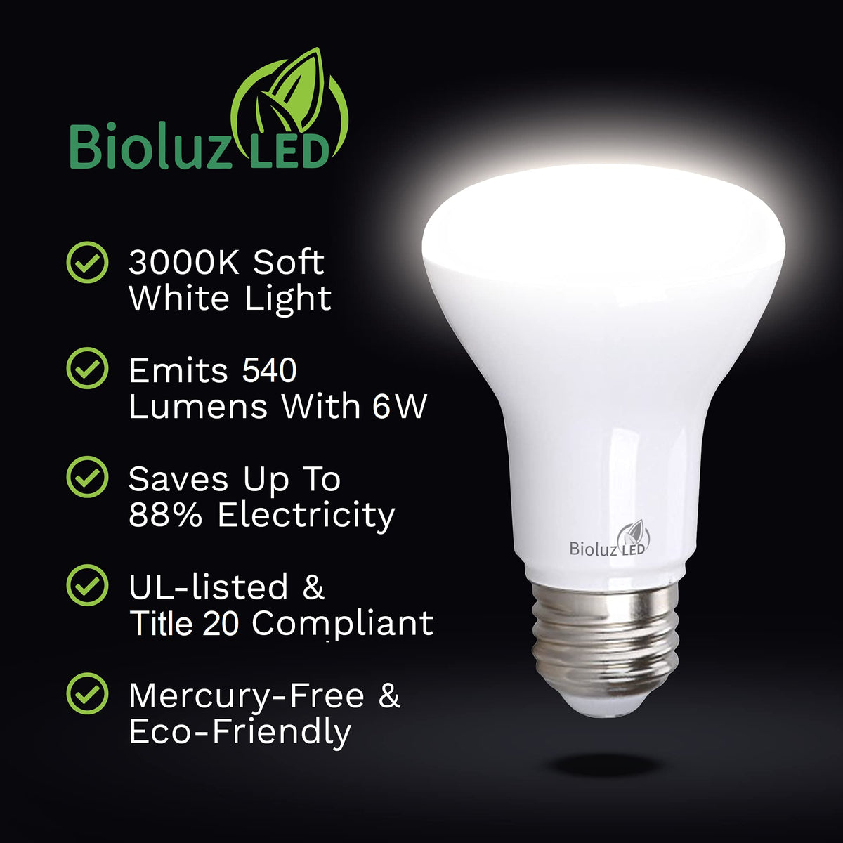 Bioluz LED BR20 bulb with 110-degree wide beam for flood lighting.