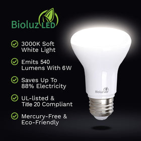 Bioluz LED BR20 bulb with 110-degree wide beam for flood lighting.