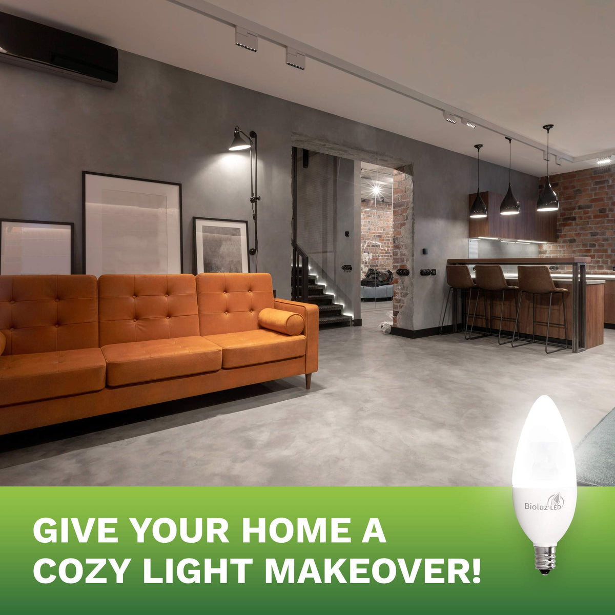 Dimmable Bioluz LED C37 bulb enables adjustable ambiance.