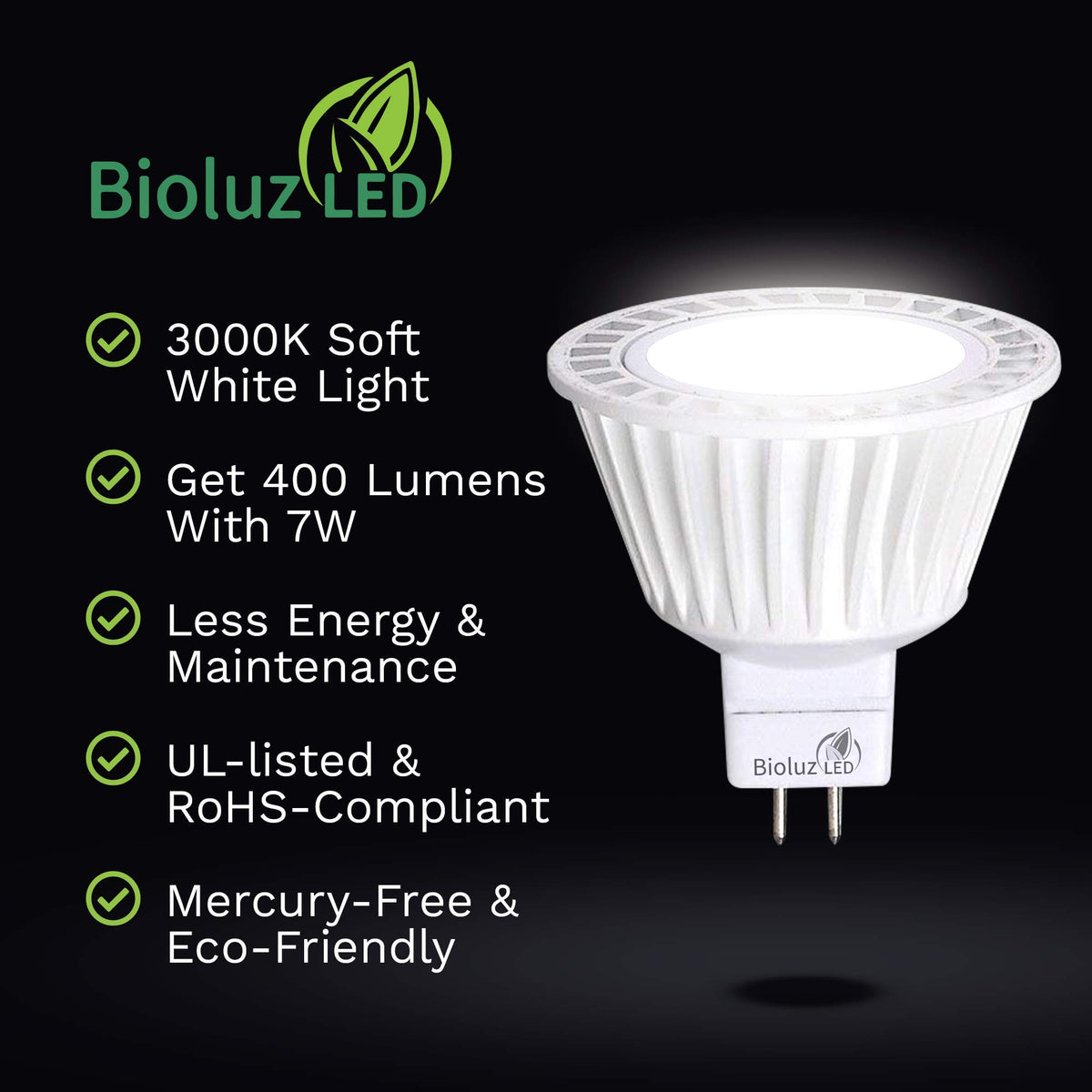 Bioluz LED MR16 7W warm 3000K glow for cozy home lighting.