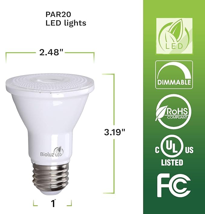 Bioluz LED PAR20 40-degree beam creates precise spot lighting.