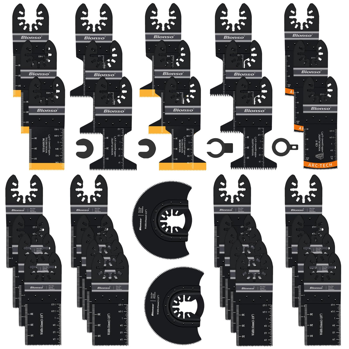 Bionso 35-piece oscillating blade set for wood and metal cutting.