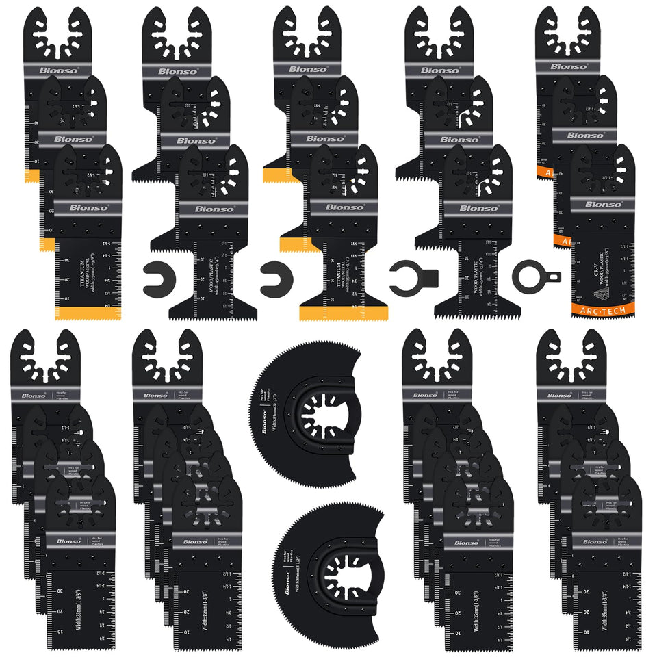 Bionso 35-piece oscillating blade set for wood and metal cutting.