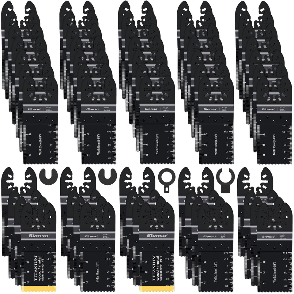 Bionso 55pcs oscillating saw blades set for versatile cuts across wood, plastic and metal.