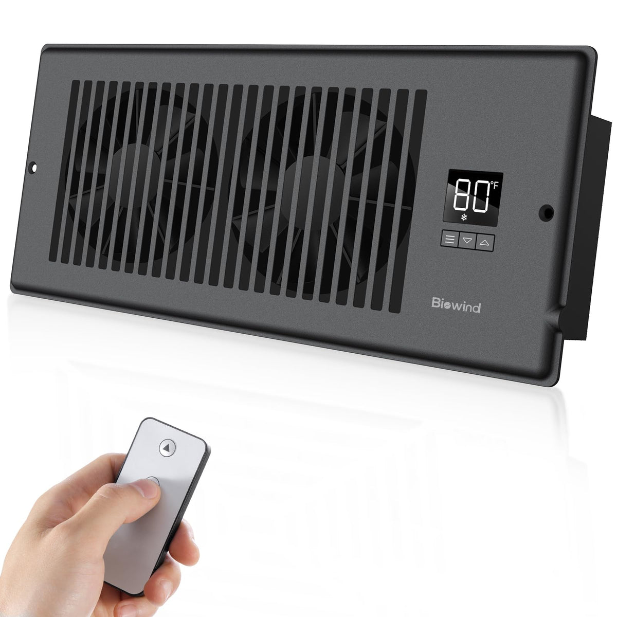 BIOWIND Quiet Register Booster Fan installed on wall mount improves overall airflow in a room