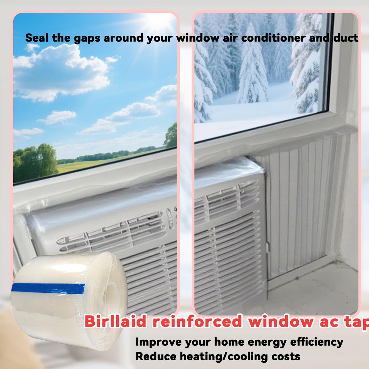 Birllaid tape seals around a window air conditioner gap to block dust.