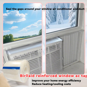Birllaid tape seals around a window air conditioner gap to block dust.