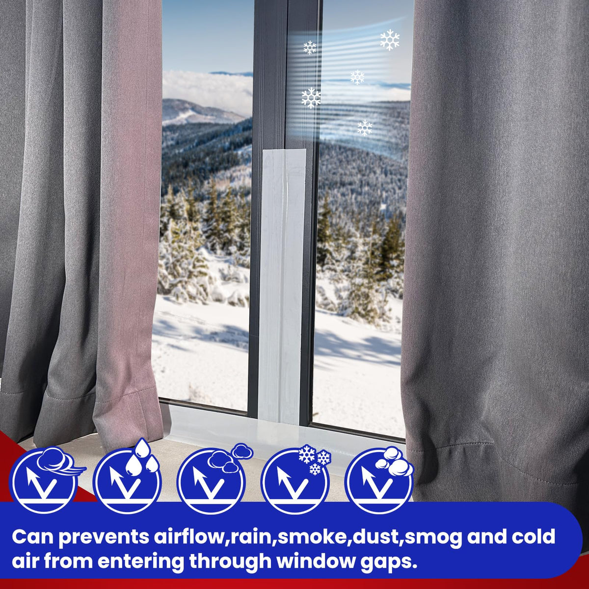 Birllaid window ac seal tape at window edge demonstrating windproof seal.