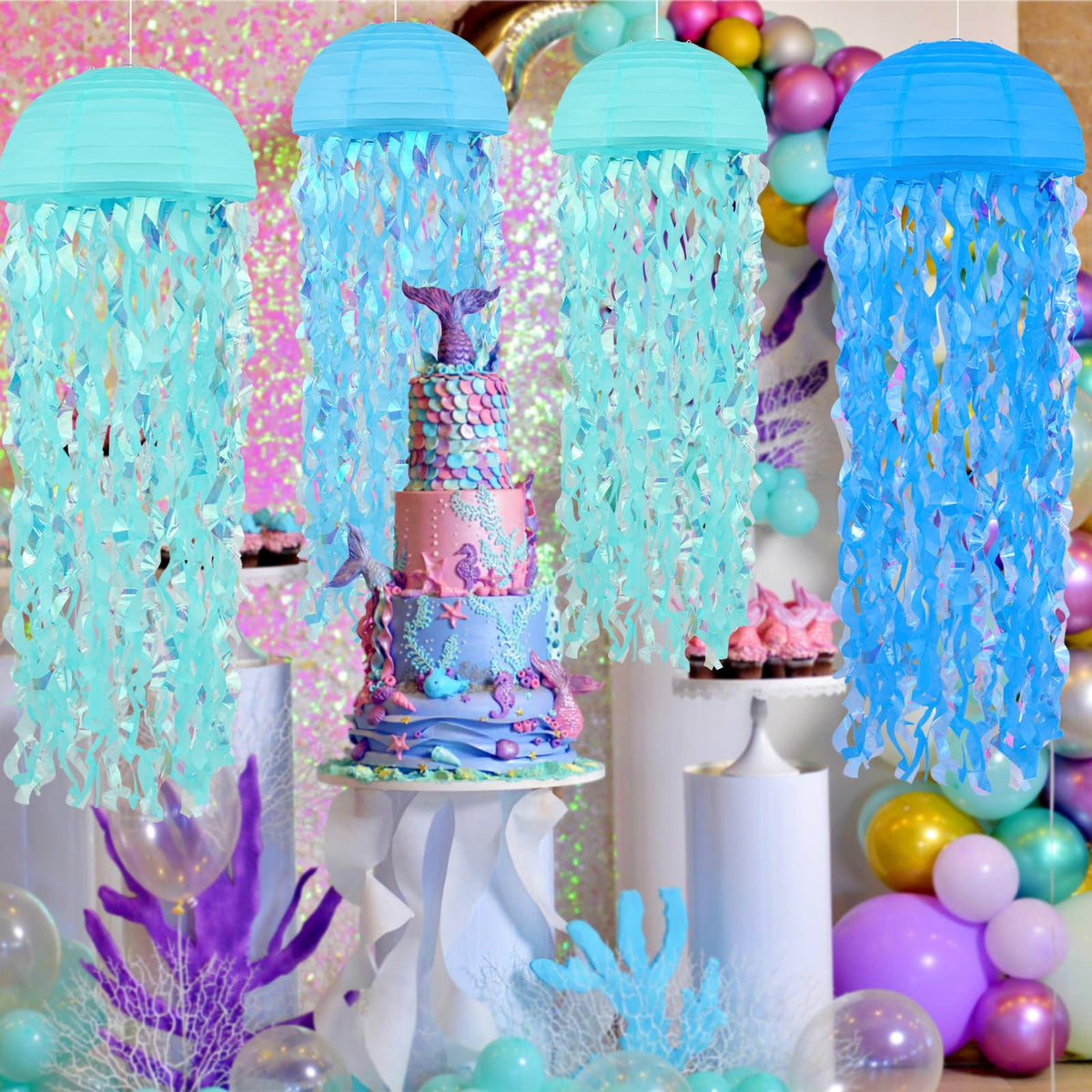 Bisanzoya jellyfish lanterns add mermaid decor to a birthday backdrop
