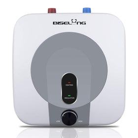 BISELONG under-sink mini-tank water heater in a compact cabinet.
