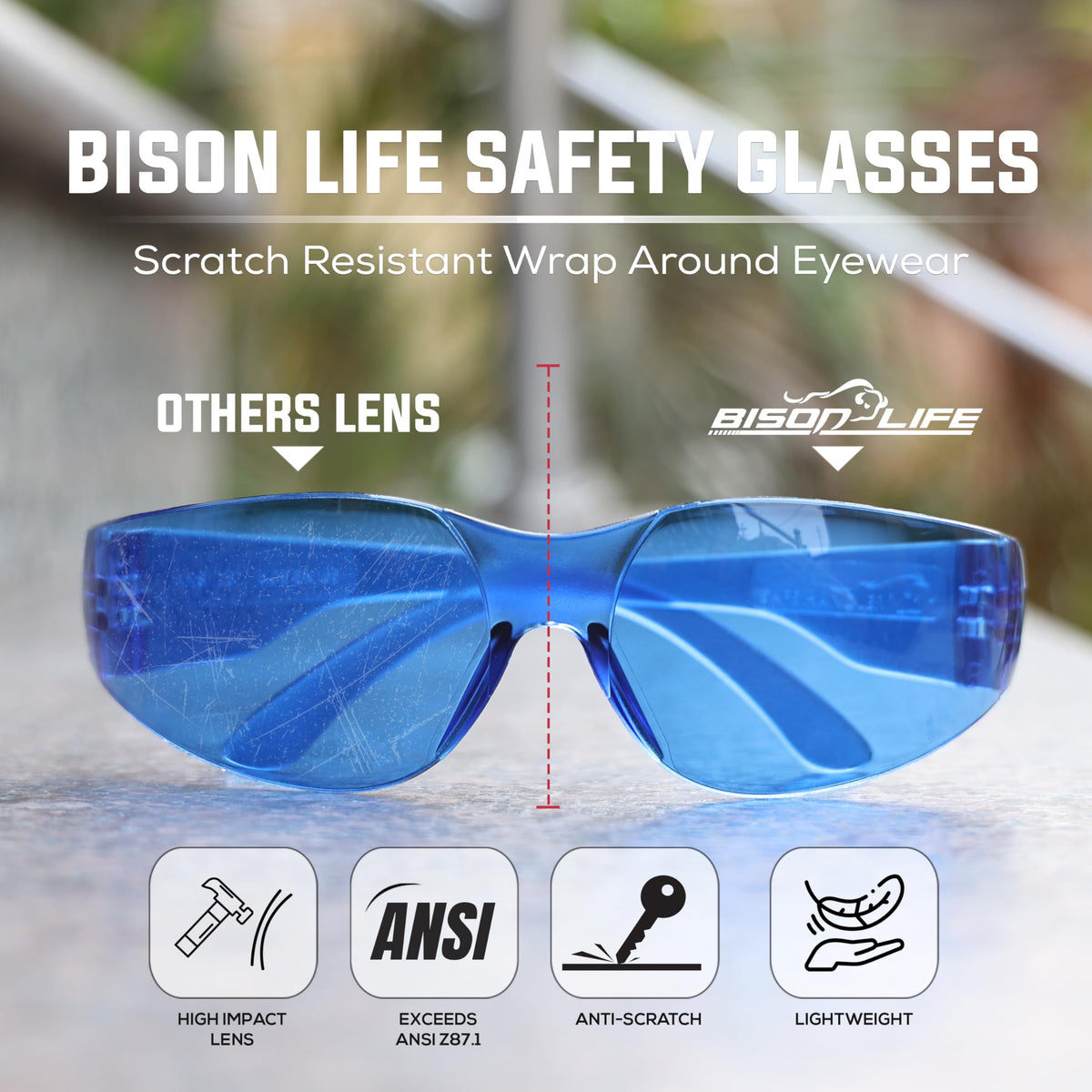 BISON LIFE blue safety glasses with anti-scratch coating for clear visibility.