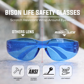 BISON LIFE blue safety glasses with anti-scratch coating for clear visibility.