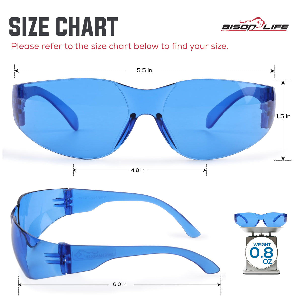 BISON LIFE blue safety glasses featuring polycarbonate lenses for impact resistance.