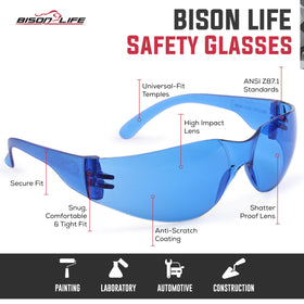 BISON LIFE blue safety glasses showing built-in side shields for extra coverage.