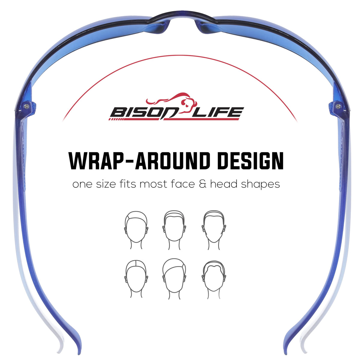 BISON LIFE blue safety glasses with universal fit for adults and teens.