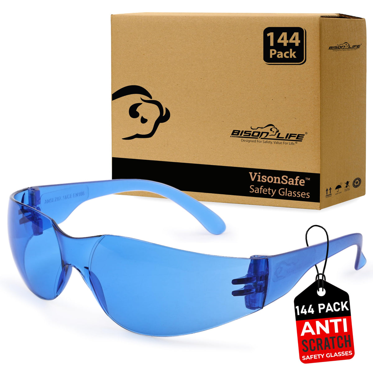 BISON LIFE blue safety glasses with wraparound protection for all-day wear.