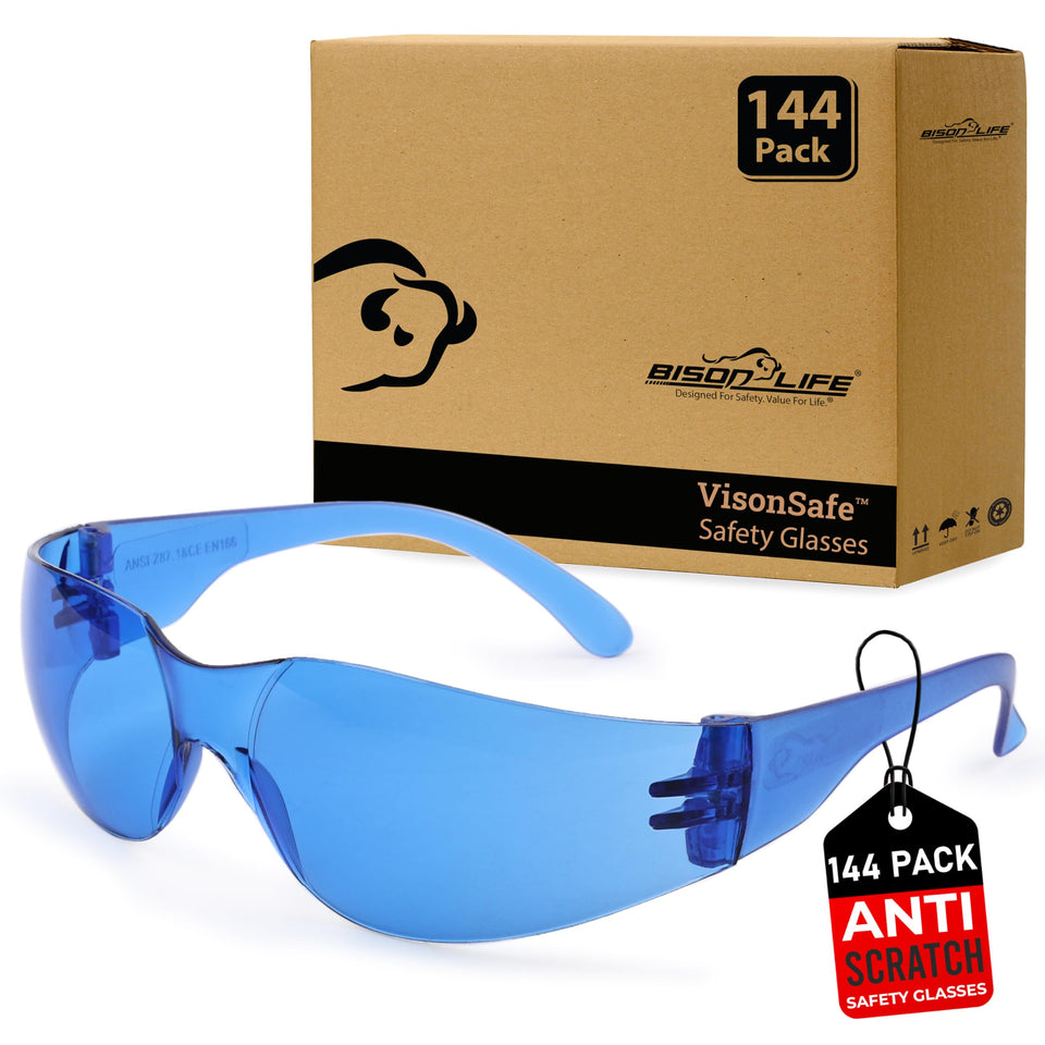 BISON LIFE blue safety glasses with wraparound protection for all-day wear.