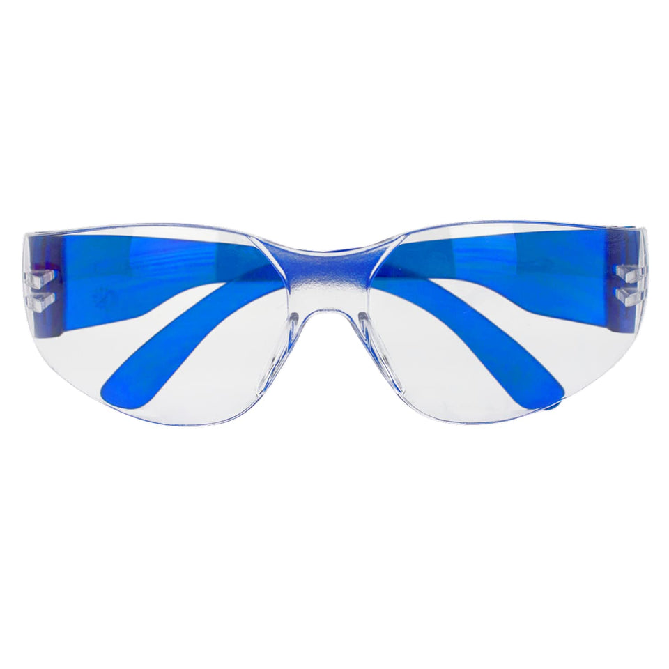 BISON LIFE Clear Lens Blue Temples safety glasses, lightweight pack of 12 for all-day use.