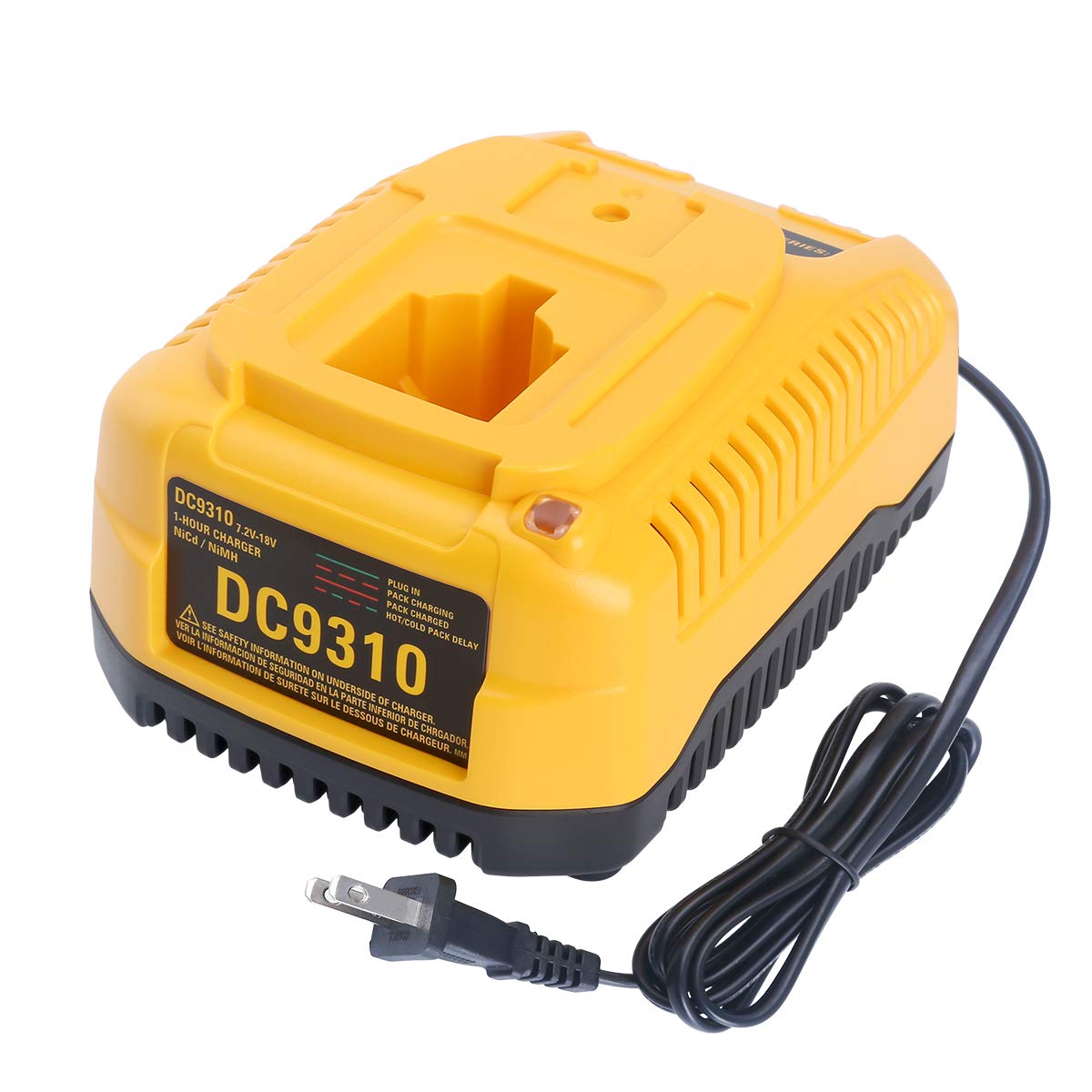 Biswaye DC9310 charger front view powering DeWalt 18V XRP NiCad batteries quickly