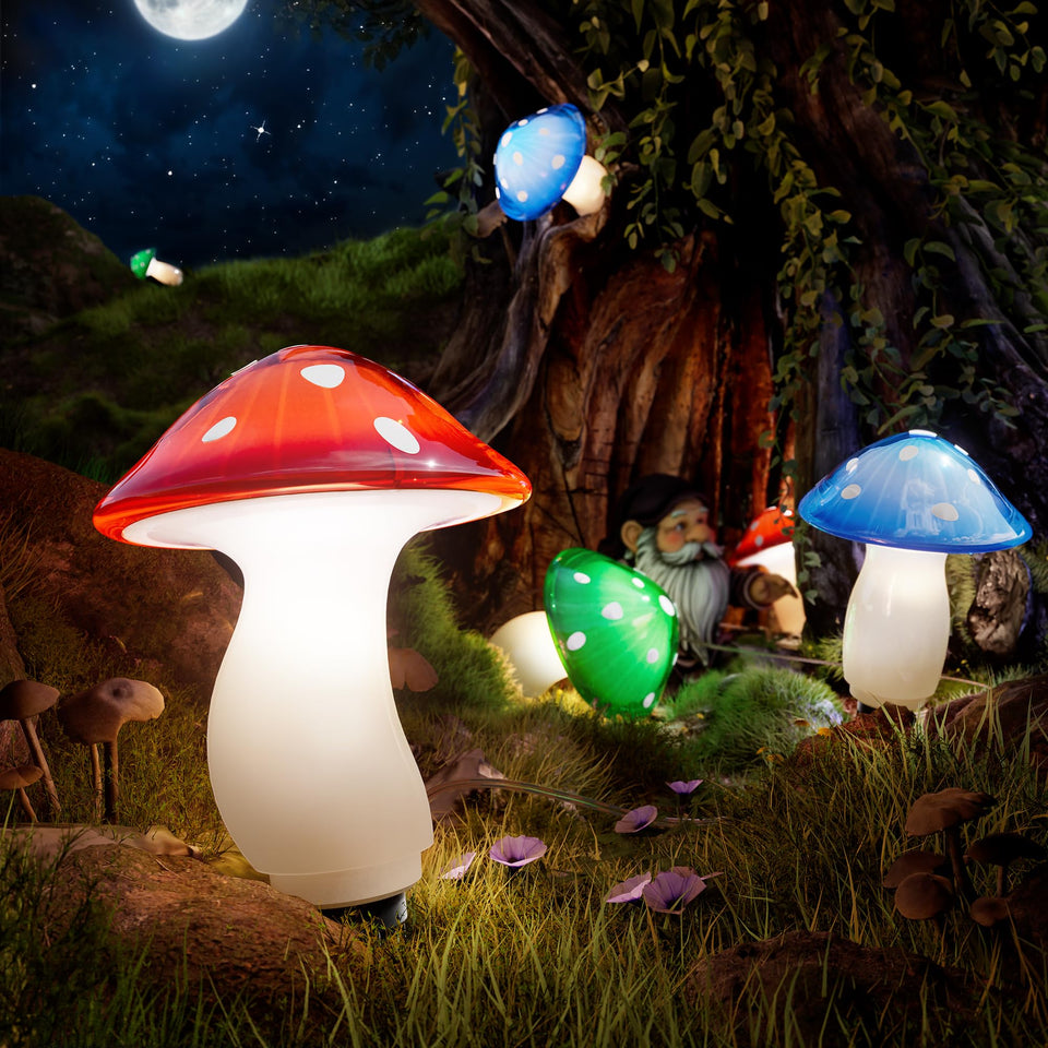 BITPOTT nine-pack solar mushroom lights ready for easy yard installation