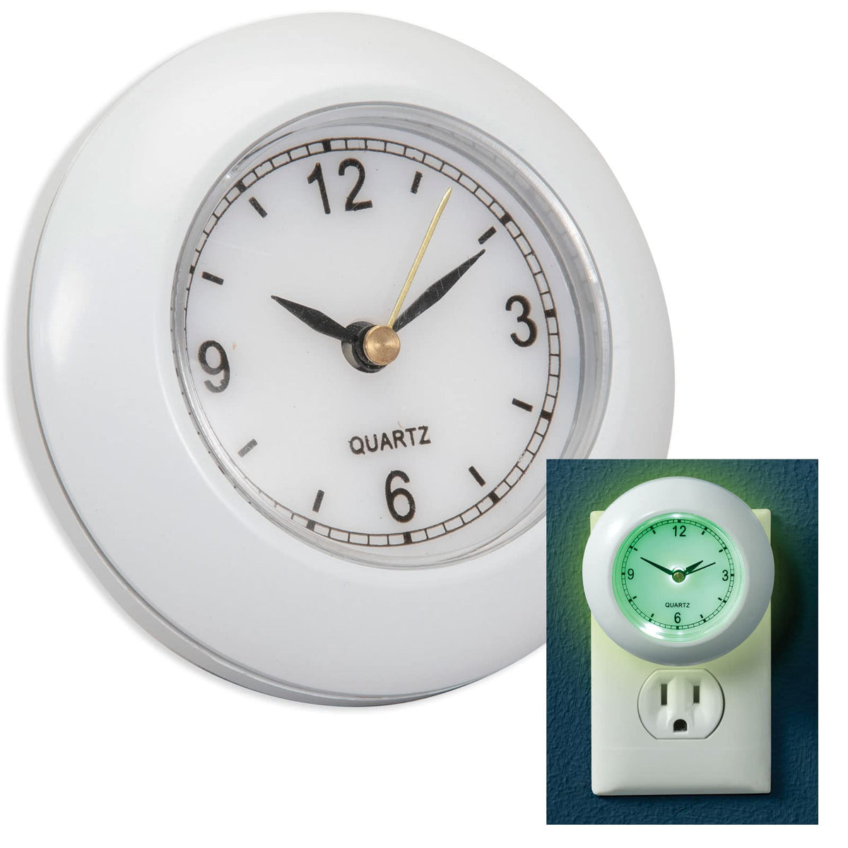 Bits and Pieces plug-in night light with clock glow enhances bathroom nighttime visibility