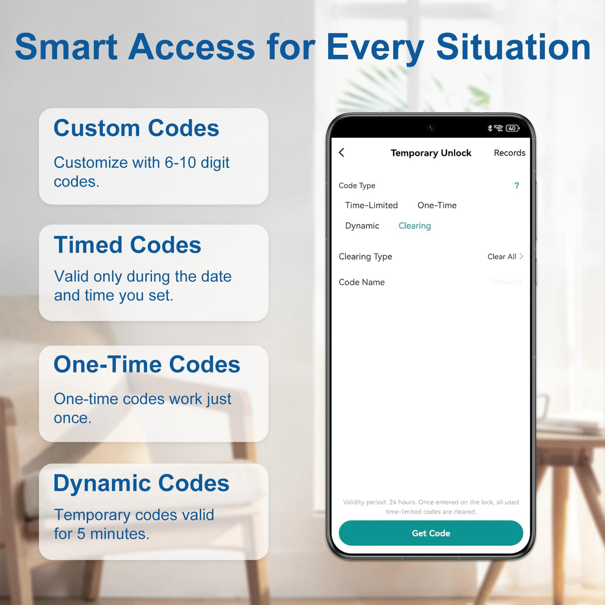 BIWIBON app control interface for codes, history, and settings.