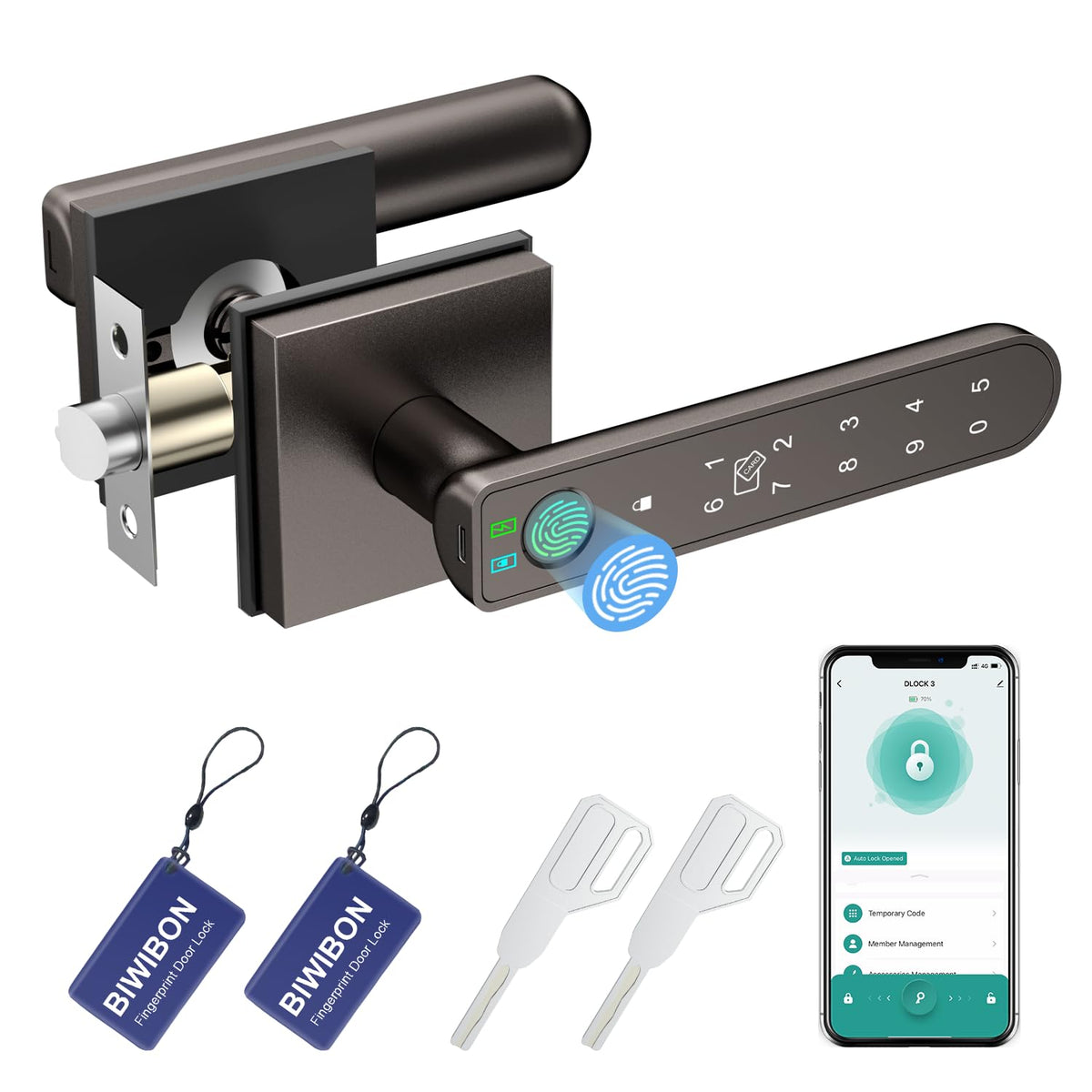 BIWIBON fingerprint door lock front view in starry grey finish for secure entry
