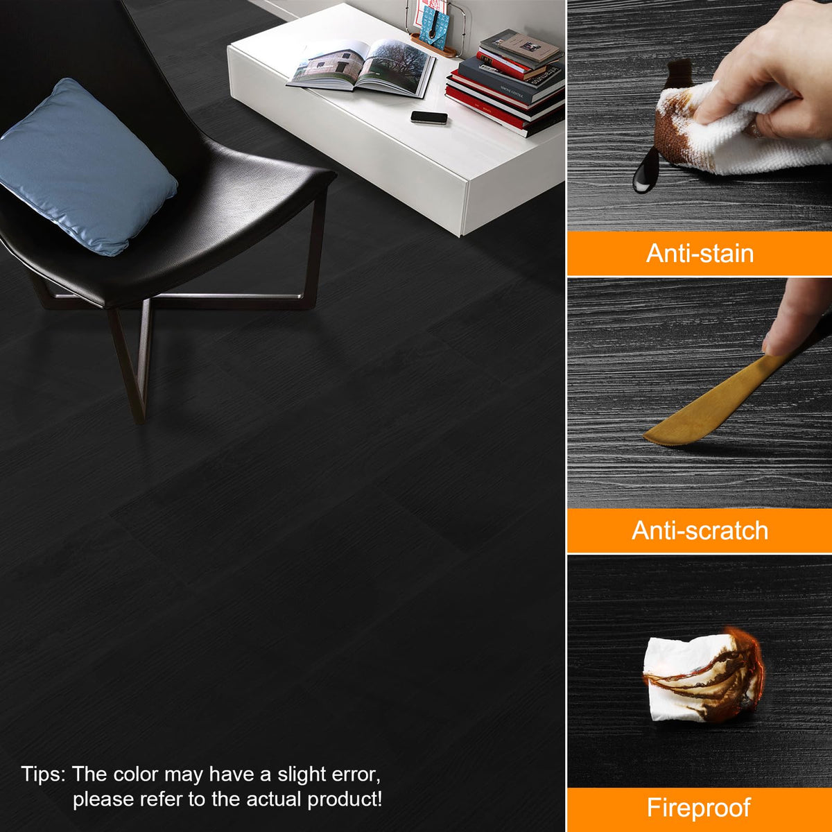 Biyoee black wood look plank offers waterproof, scratch-resistant performance for busy spaces