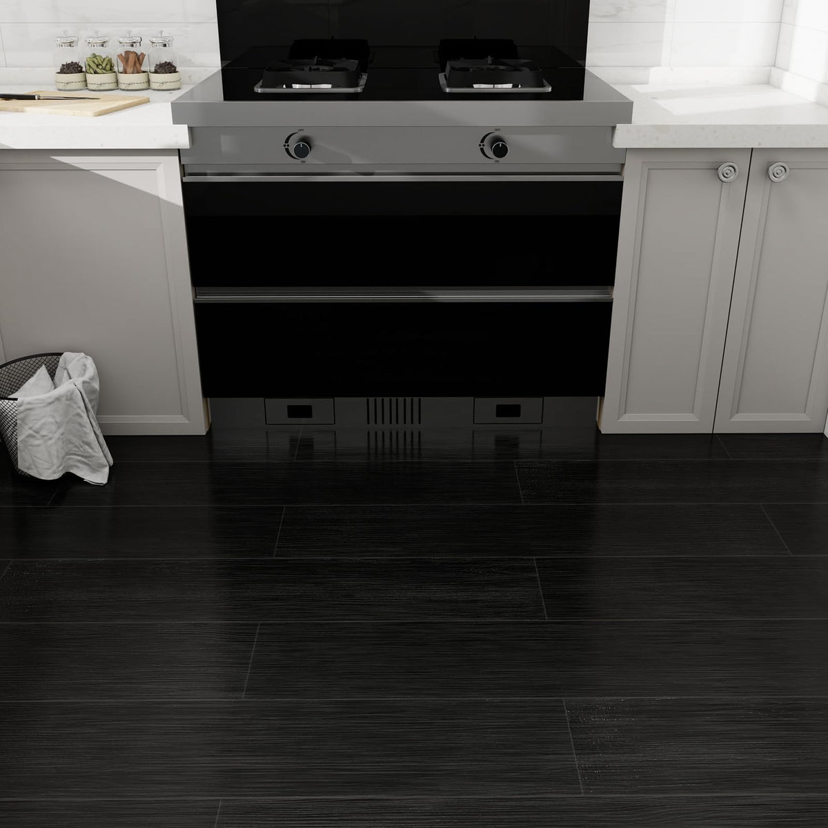 Biyoee black wood look plank adds a sleek entryway aesthetic