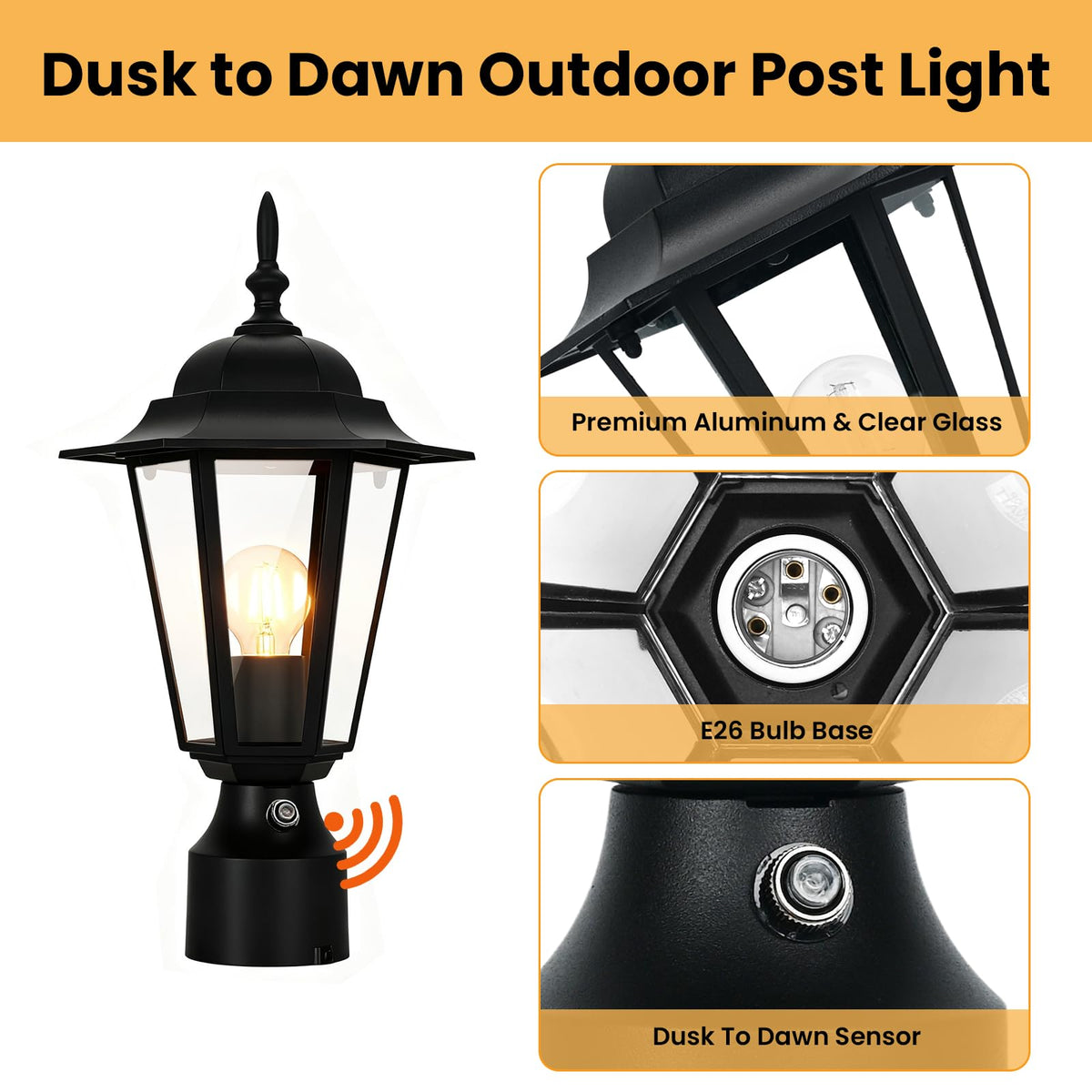 BK Jasmine modern black outdoor post light at night provides stylish curb appeal.